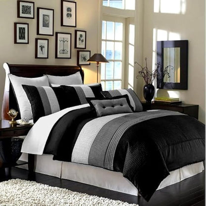 Chezmoi Collection Loft 8-Piece Luxury Striped Comforter Set (California King, Black/Gray/White)