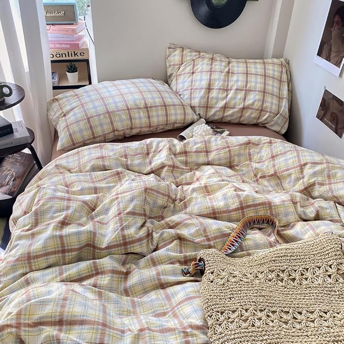 EAVD Vintage Style Buffalo Plaid Duvet Cover Set Queen Soft 100% Washed Cotton Chic Blue&Yellow&Brown Grid Plaid Bedding Set with 2 Pillowcases Farmhouse Gingham Duvet Cover with Zipper Closure
