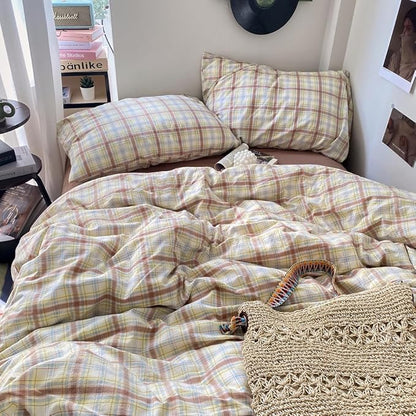 EAVD Vintage Style Buffalo Plaid Duvet Cover Set Queen Soft 100% Washed Cotton Chic Blue&Yellow&Brown Grid Plaid Bedding Set with 2 Pillowcases Farmhouse Gingham Duvet Cover with Zipper Closure