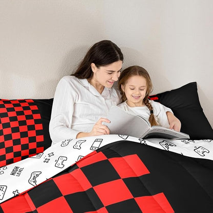 Geometric Lattice Kids Bedding Set King Size,Video Games Check Lattice Comforter Set，Grid Fashion Simple Quilt Comforter,Black Red Bedroom Duvet Insert,2 Pillowcases