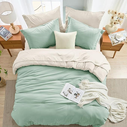 MUXHOMO 7 Pieces King Comforter Set, Soft Bed in a Bag King Size, All Season Bedding Set with Comforter, Flat Sheet, Fitted Sheet, Pillowcases & Shams, Sage Green & Beige