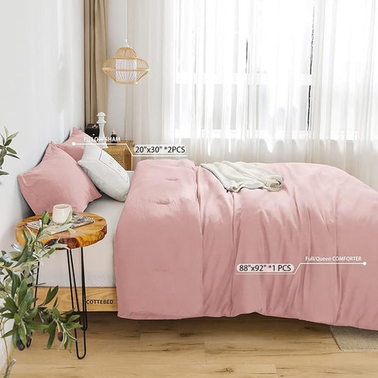 COTTEBED Fluffy Light Pink Comforter Set - Queen/Full Size - Ultra Soft Lightweight Washed Cotton Down Alternative - Blush Pink with Pillow Shams - All Season