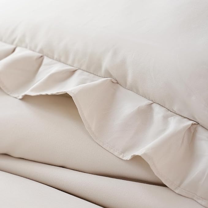 JANZAA Comforter Set Full Size Beige Ruffle Comforter 3PCS Soft Fluffy Comforter Vintage Farmhouse Bed Comforter Set Shabby Chic Bedding with 2 Off White Pillowcases