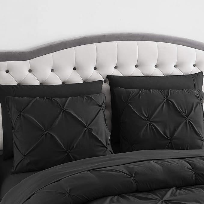 Queen Comforter Set 8 Piece Bed in a Bag with Bed Skirt, Fitted Sheet, Flat Sheet, 2 Pillowcases, 2 Pillow Shams, Queen, Pintuck Black