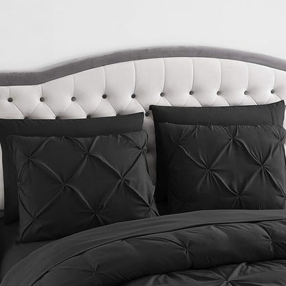 Queen Comforter Set 8 Piece Bed in a Bag with Bed Skirt, Fitted Sheet, Flat Sheet, 2 Pillowcases, 2 Pillow Shams, Queen, Pintuck Black
