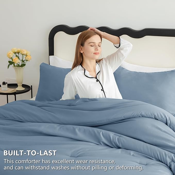 CozyLux Oversized Queen Comforter Set Grayish Blue, 3 Pieces 98x98 Solid Breathable Bedding Set All Season, Dusty Blue Luxury Soft Lightweight Bed Set with Down Alternative Comforter and 2 Pillowcases