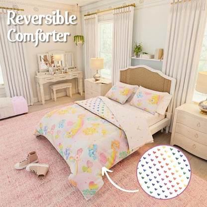 Care Bears Classic Retro Rainbow Bedding 7 Piece Super Soft Comforter and Sheet Set with Sham, Queen, (100% Official Licensed Product) by Franco Collectibles