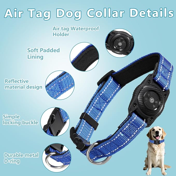 Air Tags Dog Collar, Waterproof Pet Collar with Air-Tag Chip for Apple Find My (iOS only) (Blue, L)