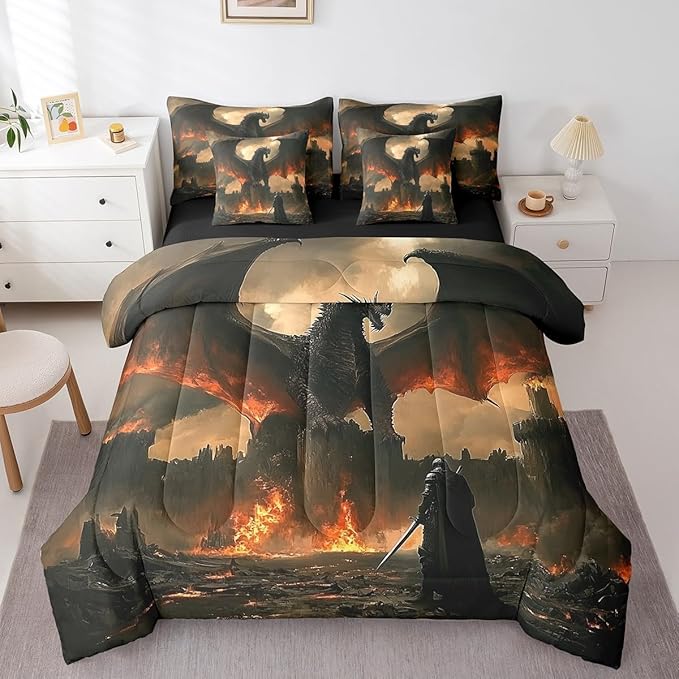 Feelyou Medieval Fantasy Dragon Comforter Set 7 Pieces Queen Size Ancient Animal Bedding Set for Boys Girls Fairy Goth Bed in a Bag with Comforter, Sheets, Pillowcases & Cushion Covers