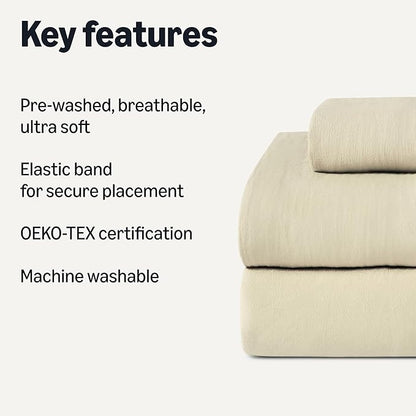 Amazon Basics Twin Bed Sheet, 3-Piece Bedding Set, Double Brushed Microfiber, Ultra Soft, Easy Care, Beige