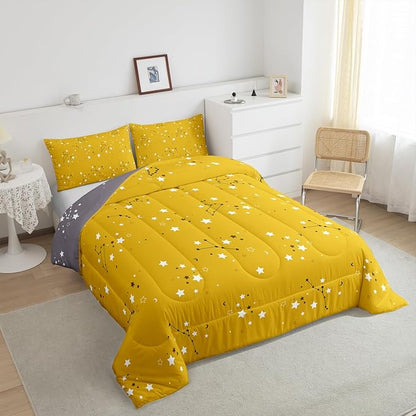 Erosebridal Yellow and Grey Constellation Comforter Set, Galaxy Moon Stars Pattern Reversible Bedding for Kids Toddler Youth Soft Microfiber Bedding Comforter Sets King 3 Pieces