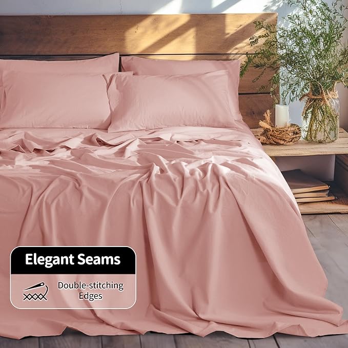 LBRO2M 100% Pure Linen Sheet Set Deep Pocket Up to 16" Bed Sheets Sets, Natural Flax Beddings Soft, Breathable, Comfortable for All Seasons 6 Pcs Sheet Set Queen Size, Blush Pink