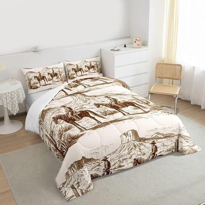 Wild West Comforter Set Queen Cowboys Bedding For Man Teens Boy American Western Desert Hunting Horse Riding Bedding Comforter Sets Hand Drawn Illustration Mountain Cactus Room Decor Duvet Insert