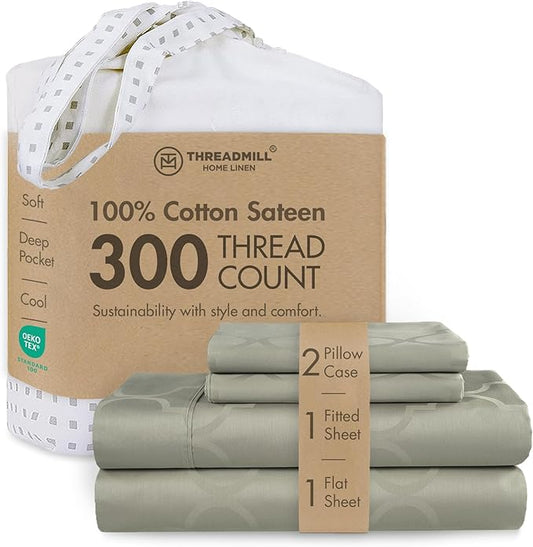 Threadmill Cotton Queen Sheet Set | 100% Cotton Sheets for Queen Size Bed | Damask Jacquard Queen Bed Sheets Set with 16” Deep Pocket | Soft Sateen Weave 4-Piece Cooling Bedding Set | Sage
