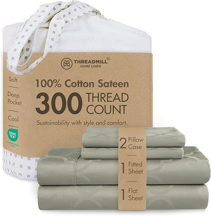 Threadmill 100% Cotton Sheets for King Size Bed | 4 Pc King Bed Sheets Set | Soft, Breathable Lightweight Damask Sateen for All-Season Use | Snug Fit Elastic Deep Pocket King Sheets | Sage