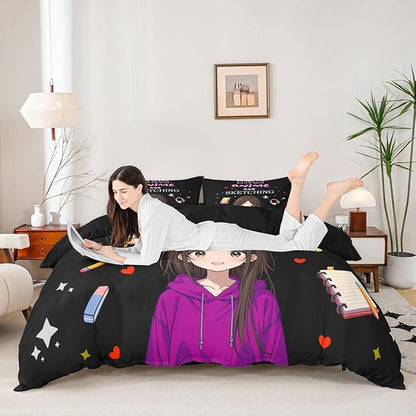Erosebridal Japanese Girl Bedding Set Anime Cartoon Twin Down Comforter Japanese Style Girly Black Comforter Set Aesthetic Cool Anime Modern Art Quilt Set for Kids Bedroom Decor