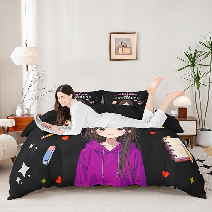 Erosebridal Japanese Girl Bedding Set Anime Cartoon Down Comforter Japanese Style Girly Black Queen Comforter Set Aesthetic Cool Anime Modern Art Quilt Set for Kids Bedroom Decor