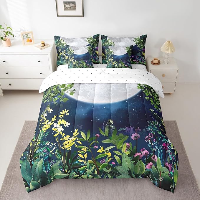 Erosebridal Botanical Bed in a Bag Queen Comforter Set 7 Piece,Jungle Plant Leaves Galaxy Bedding Sets Stars and Moon Sheet Set with Comforter