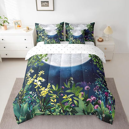 Erosebridal Botanical Bed in a Bag Queen Comforter Set 7 Piece,Jungle Plant Leaves Galaxy Bedding Sets Stars and Moon Sheet Set with Comforter