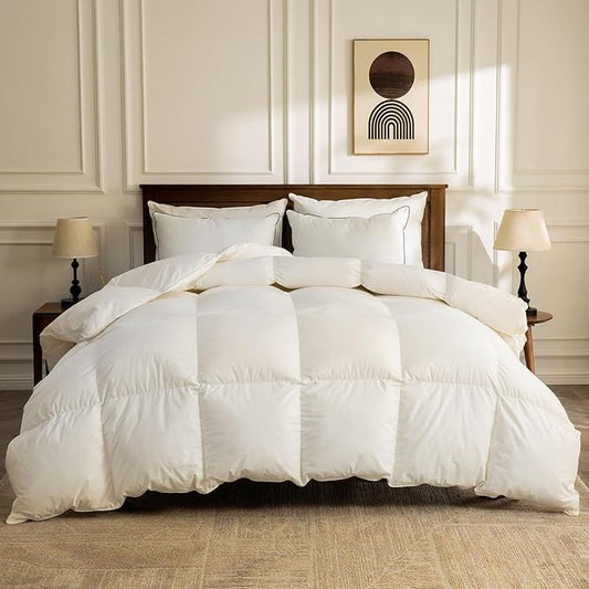 BPC Organic Feather Down Comforter Oversized Queen, Hotel-Luxury Fluffy Duvet Insert with 100% Cotton Cover and Puffy Feather Down Filling for All-Season, Ivory White, 98x98 Inches