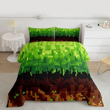 Pixelated Kids Bedding Set King Size,Patchwork Grid Video Games Comforter Set,Miners Lattice Simple Quilt Comforter,Brown Green Bedroom Duvet Insert,2 Pillowcases