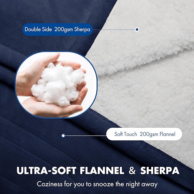 Heated Throw 50" x 60" - Soft Flannel Sherpa Electric Blanket with 5 Heating Levels & 4 Hours Auto Off, Heating Blanket Throw as a Gift for Grandma, Machine Washable (Navy)