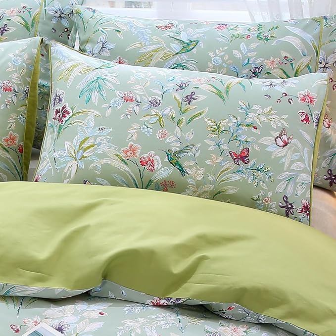 WINLIFE 100% Cotton Pillowcases Queen Size Sage Green Garden Floral & Butterflies Printed Pillow Cover 2 Pack, Soft Envelope Closure Decorative Pillow Case Set (Queen, 20"x30")