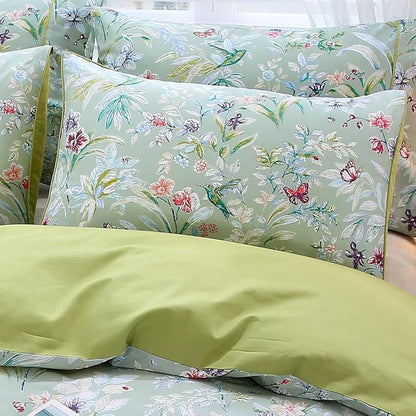 WINLIFE 100% Cotton Pillowcases Queen Size Sage Green Garden Floral & Butterflies Printed Pillow Cover 2 Pack, Soft Envelope Closure Decorative Pillow Case Set (Queen, 20"x30")