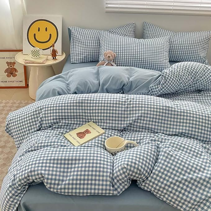 Nayoroom Blue Gingham Duvet Cover King Size Reversible Plaid Checkered Comforter Cover Grid Farmhouse Dorm Bedding Set 3 Pcs Soft Breathable Washed Microfiber Gifts for Women Men