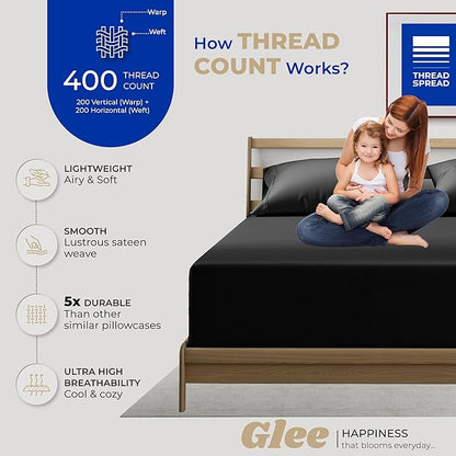 THREAD SPREAD 100% Cotton Pillow Cases Queen Size Set of 2 - Luxury 400 Thread Count Queen Pillow Cases (Black), Soft Cooling Breathable Hotel Quality Cotton Pillowcases, Fits Standard Pillows