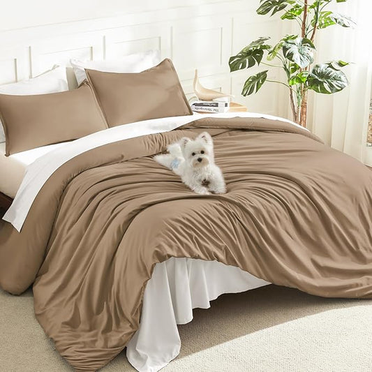 Litanika Taupe Comforter Set Queen Size, 3 Pieces Solid Bedding Comforter Set, All Season Fluffy Bed Set (90x90In Comforter & 2 Pillowcases)