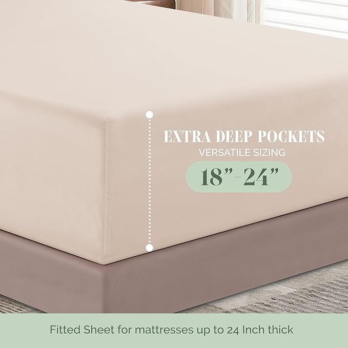 Elegant Comfort Luxurious 1500 Premium Hotel Quality Microfiber 4-Piece Sheet Set, 18-24 Inches Deep - Extra Deep Pocket Sheets - Ultra Soft 4PC Deep Pocket Sheets, Queen, Cream