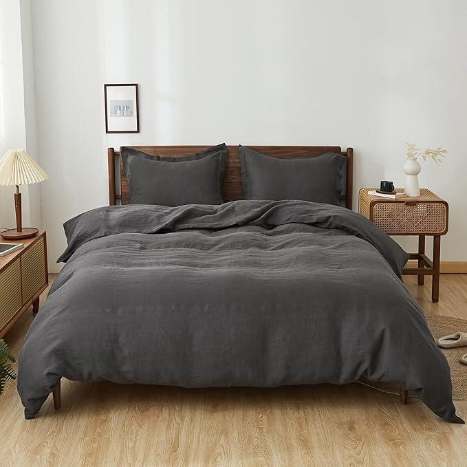 Simple&Opulence 100% Linen Pillow Case Queen Size Set of 2, Dark Grey Pillow Covers with Overlap Closure, Luxury Breathable Pillowcases Protectors Suitable for All-Season (20" X 26", Dark Grey)
