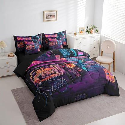 Feelyou Japan Art Comforter Set 7 Pieces King Size Tokyo Anime Bedding Set for Boys Girls Japanese Night City Bed in a Bag with Comforter, Sheets, Pillowcases & Cushion Covers