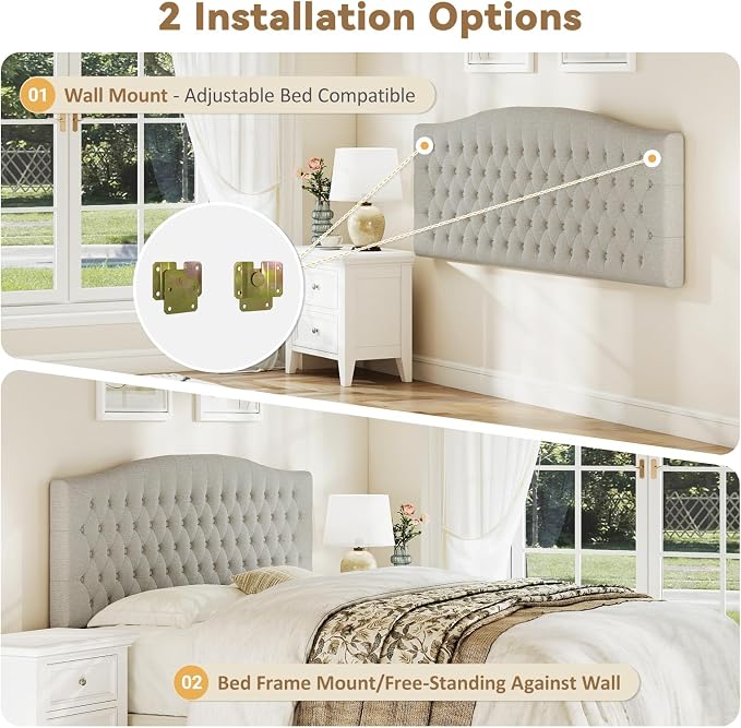 King Headboard Only, Linen Classic Tufted Design, Gray Linen | 2 installation options: 1.bed frame mount 2.wall mount (for adjustable bed), Classic hand-tufted headboard king size