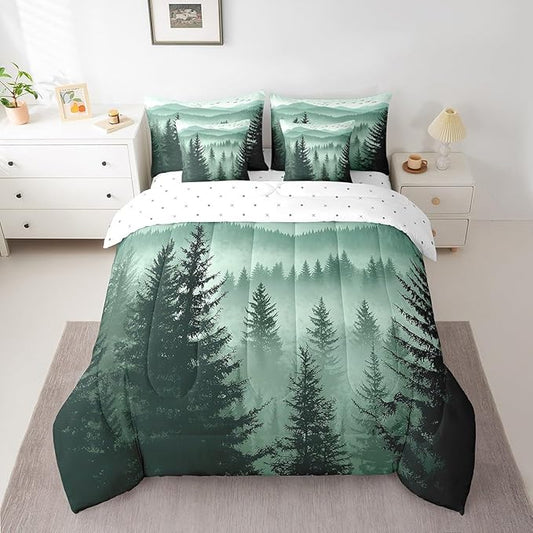 Erosebridal Olive Green Full Comforter Set with Sheets 7 Piece Mountain Pine Tree Forest Bed in A Bag Rustic Woodland Nature Landscape Bedding Sets for Kids Adults,Soft Lightweight Bed Set