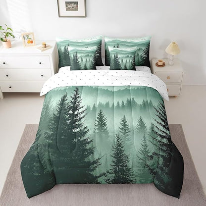 Erosebridal Olive Green Queen Comforter Set with Sheets 7 Piece Mountain Pine Tree Forest Bed in A Bag Rustic Woodland Nature Landscape Bedding Sets for Kids Adults,Soft Lightweight Bed Set