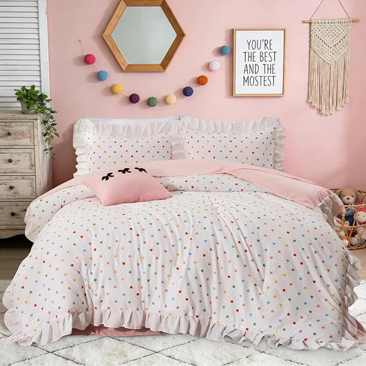 A Nice Night Colorful Heart Love Pattern Bedding Set,Ruffle 6 Piece Bed in a Bag Matching Sheet Set,Princess Chic Style,White Comforter Sets Room Decor for Girls,Queen