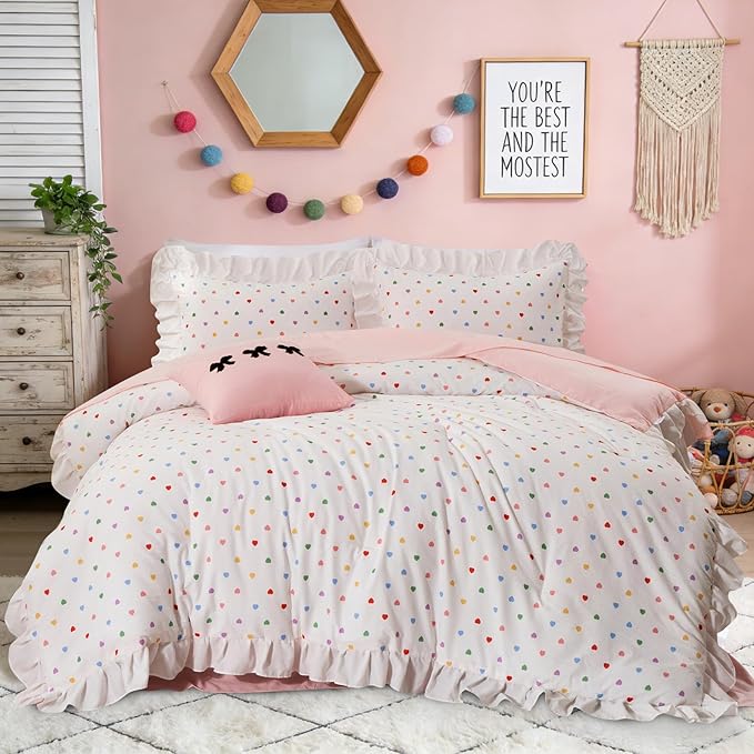 A Nice Night Colorful Heart Love Pattern Bedding Set,Ruffle 6 Piece Bed in a Bag Matching Sheet Set,Princess Chic Style,White Comforter Sets Room Decor for Girls,Full