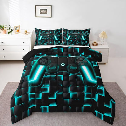 Erosebridal Gaming Bedding Set King Comforter Set for Boys Kids Geometric Gamer Bedding Sets Teal Black Ombre Checkered Gamepad Quilt Duvet Neon Game Console Bed Cmforter Set 3 Pcs