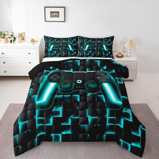 Erosebridal Gaming Bedding Set Queen Comforter Set for Boys Kids Geometric Gamer Bedding Sets Teal Black Ombre Checkered Gamepad Quilt Duvet Neon Game Console Bed Cmforter Set 3 Pcs
