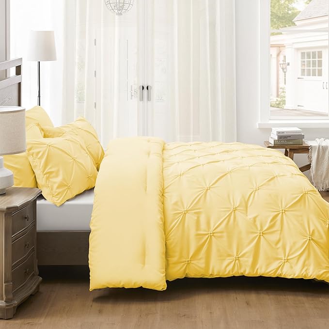 UNIKOME King Size Comforter Set Yellow - Ultra Soft Boho Pintuck Down Alternative Bedding Set for All Seasons, 3 Pieces Lightweight Warm Pinch Pleat Bed Set with Comforter, 2 Pillowcases