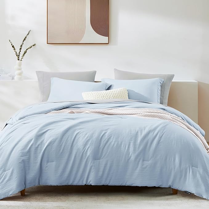 WRENSONGE Twin Comforter Set- 5 Pieces Ice Blue Twin Bed in a Bag, All Season Twin XL Bedding Sets with 1 Fitted Sheet, 1 Flat Sheet, 1 Pillow Sham and 1 Pillowcase