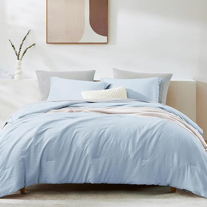 WRENSONGE Queen Comforter Set - 7 Pieces Ice Blue Soft Bed in a Bag Queen with Fitted Sheet, Flat Sheet, 2 Pillow Shams, and 2 Pillowcases- Warm Bedding Sets for All Season