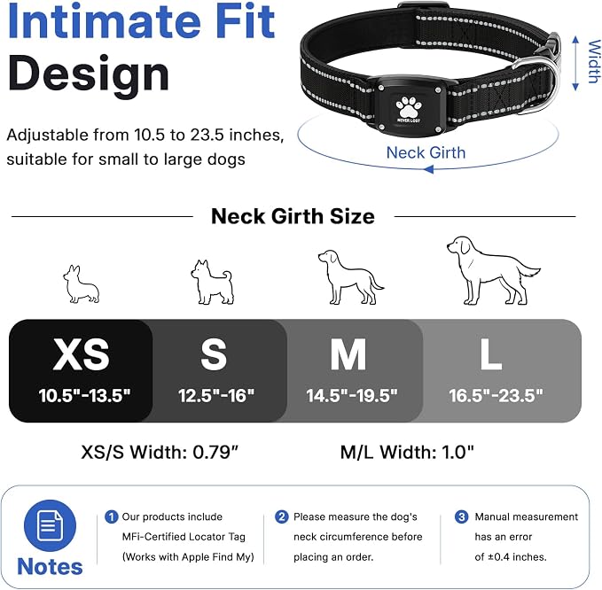 GPS Dog Collar Tracker 2-in-1,Reflective Waterproof Pet Collar,iOS-Only,No Monthly Fees,Unlimited Range,Dog Tracking Collar Pet Tracker,for Small Medium Large Dogs(M (14.5"-19.5"), Black)
