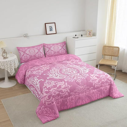 Feelyou Adults Pink Vintage Damask Floral Comforter Set Oriental Antique Comforter Twin Size Gothic Bohemia Boho Floral Bedding Set Bohemian Exotic Duvet Set Quilt Set 2Pcs