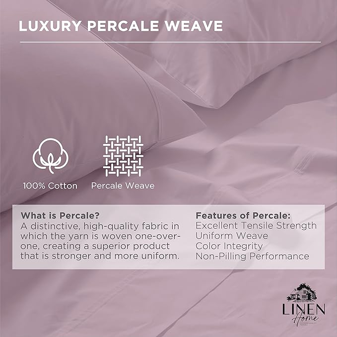 Linen Home 100% Cotton Percale Pillowcases Queen Size, Mauve Lavender, 2 Pieces of Pillow Case, Crisp and Cool Strong Bed Linen, 20 inches X 30 inches