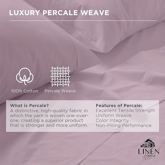 Linen Home 100% Cotton Percale Pillowcases Queen Size, Mauve Lavender, 2 Pieces of Pillow Case, Crisp and Cool Strong Bed Linen, 20 inches X 30 inches