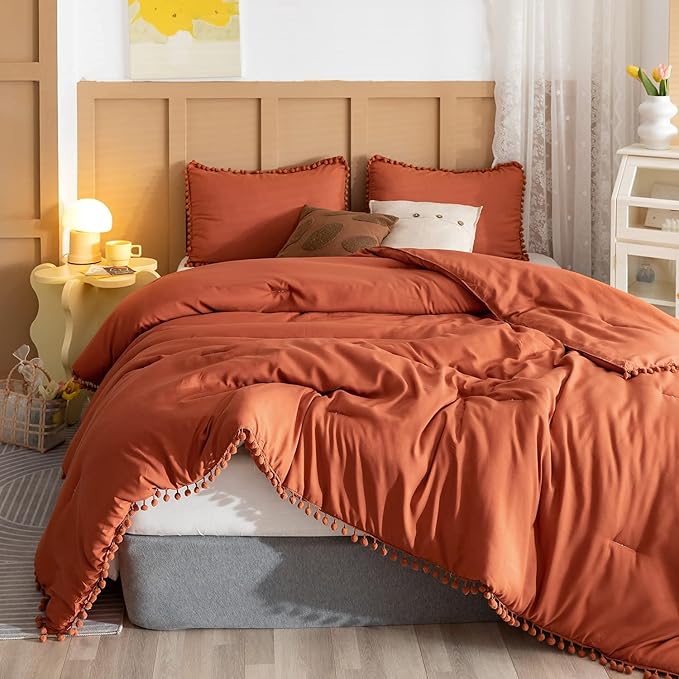 YIRDDEO King Size Comforter Set - King Size Comforter with Ball Pom Fringe, Soft King Bedding Set for All Seasons - 3 Pieces, 1 Comforter (104"x90"inches) & 2 Pillow Shams(20"x36"), Terracotta