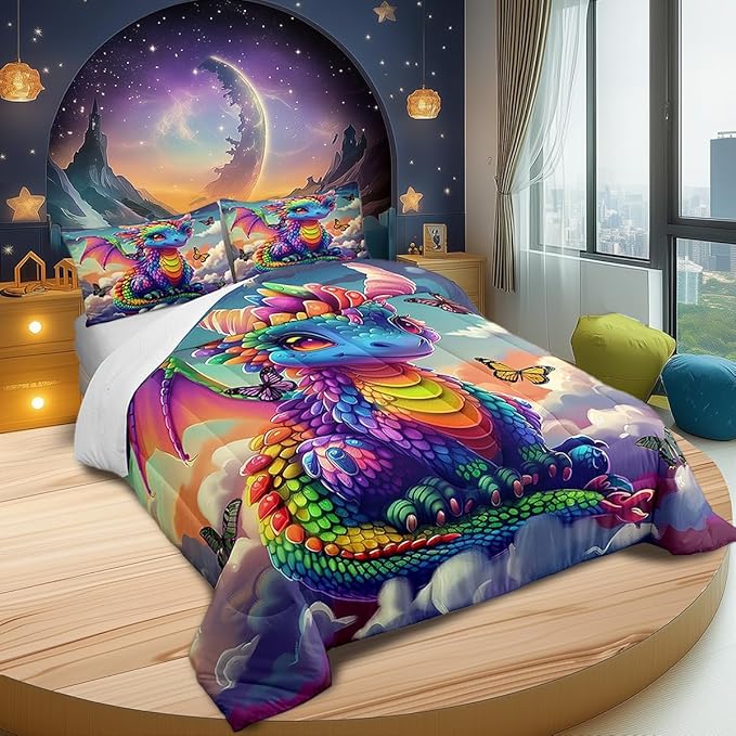 Castle Fairy Colorful Dragon Bedding Set Twin Size Fancy Western Animal Comforter Set for Girls Boys Teens Room Decor Wild Butterfly Down Comforter Sunny Sky Clouds Quilt Set with 1 Pillowcase